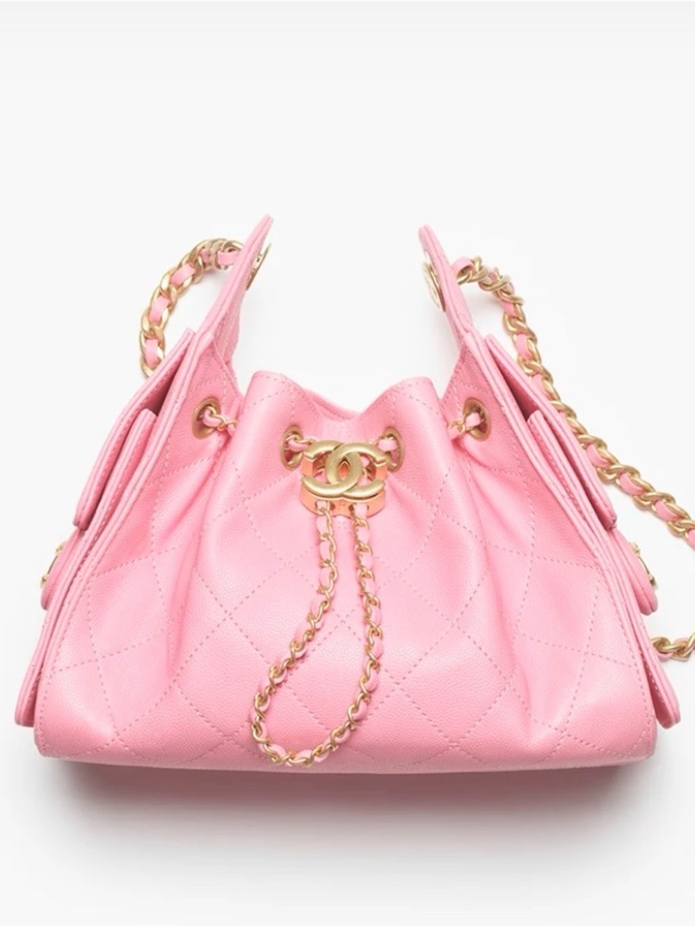 CHANEL 25 Pink Quilted Drawstring Chain Shoulder Bag with Gold Hardware